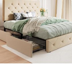 Allewie Upholstered Queen Size Platform Bed Frame with 4 Storage Drawers and Headboard, Diamond Stitched Button Tufted, Mattress Foundation with Woode