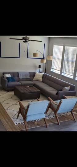 Mid Century Modern Gray L-Shaped Sectional Sofa 120" x 94