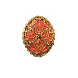 Brooch Pin &Scarf Clip Filigree Over Orange w/Rhinestone Gold Tone 2"x1 1/2"