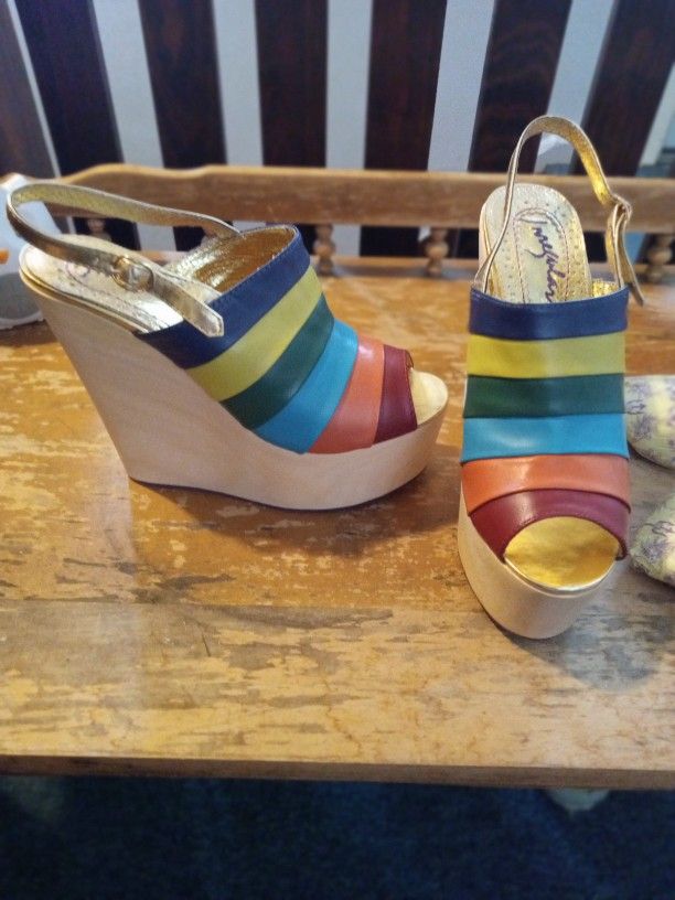Irregular Choice Chica Chola Rainbow Wedge Sandals NEVER WORN 