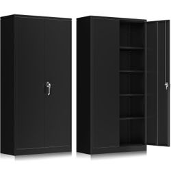72-Inch Metal Storage Cabinet for Garage, Lockable Steel Cabinet with Doors and Adjustable Shelves, Black Locking Storage Unit for Office, Home, Gym, 