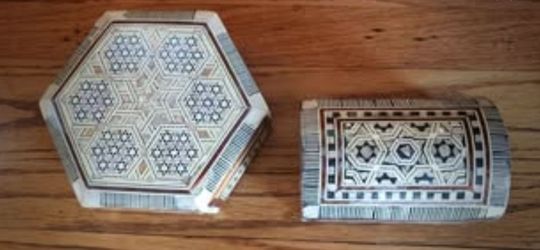 Vintage Egyptian Mosaic Boxes Mother of Pearl Wood Inlay Trinket Cases $10 each