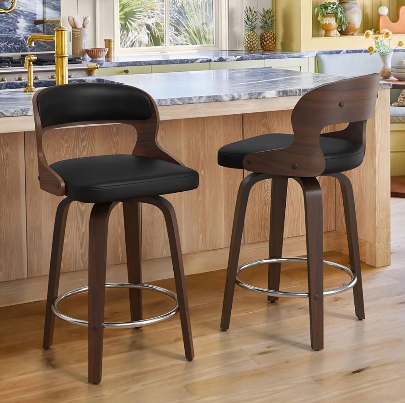 Barstools, Counter Height Bar Stools, 26" Faux Leather Swivel Counter Stools, Mid Century Bar Stool Set of 2, Swivel Bar Stools with Backs for Kitchen