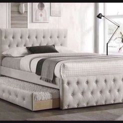 New In Box FULL BED W/TRUNDLE  LIGHT BROWN BURLAP And 2 Mattresses.