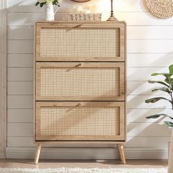 NEW Shoe Cabinet Rattan Wood Natural, 3 Flip Drawers 24 Pairs, Entryway Modern Slim Narrow Storage Organizer 