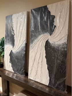 Set of 2 Creespi Hand Painted Black & White Abstract Canvas Wall Art 24x36in Each - Textured Ocean Wave Landscape Oil Painting Home Wall Decor BRAND N