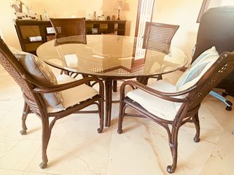 Rattan / Wicker Glass Dining Table Set – 4 Chairs