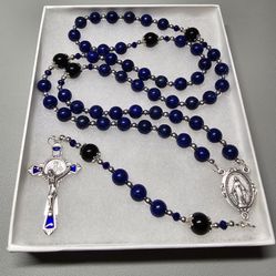 Large One Of A Kind Hand Crafted Rosary Made With Lapis Lazuli And Onyx 