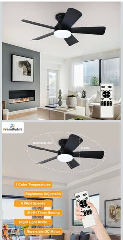 Ceiling fans with lights and Remote: 35 Inch Ceiling Fan with Light Low Profile - Flush Mount Ceiling Fan 5 Blades Reversible 3CCT Dimmable Noiseless 