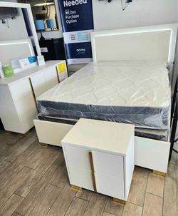White 4 piece queen bedroom set with LED lights (no mattress)