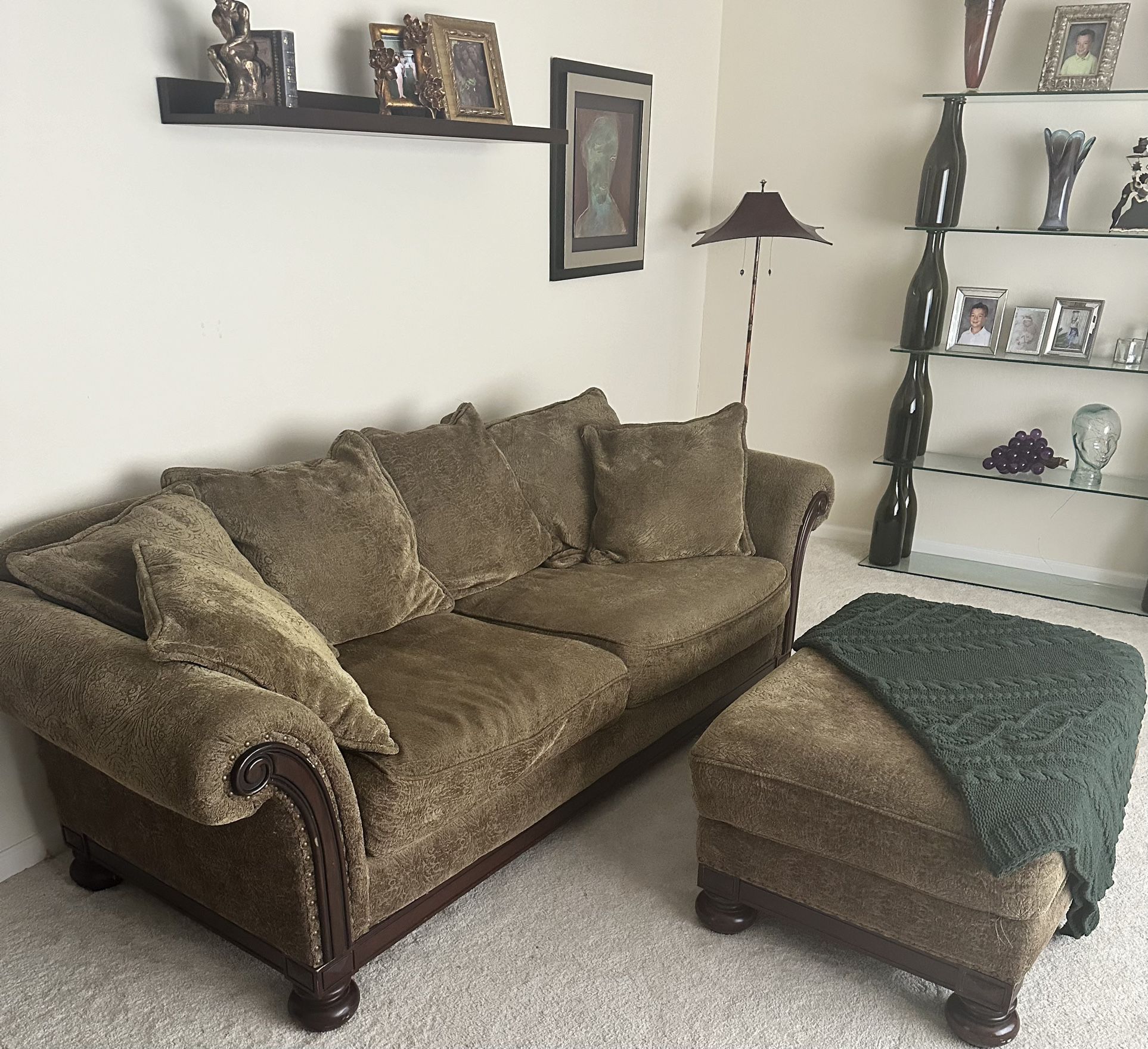 Macys Fabric Traditional Couch Set  Couch ,Ottoman and Oversized Chair Good quality down stuffed  Sooo comfortable!! Pics show stain on ottoman.  Couc