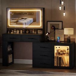 Black Makeup Vanity Desk with Mirror and Lights & Charging Station, 3 Color Modes & Adjustable Brightness Dressing Table, Corner Vanity, L Shape Chang