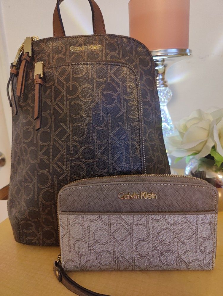 Set of 2 CK Calvin Klein Small Gold & Brown Backpack Purse and Wallet