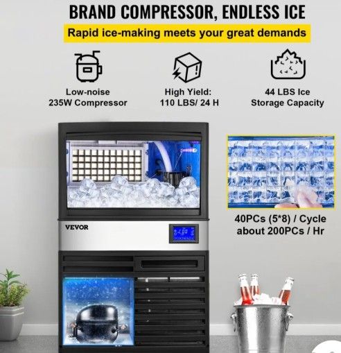VEVOR 110V Commercial ice Maker Machine 110LBS/24H with 39LBS Bin and Electric Water Drain Pump, Stainless Steel Ice Machine, Auto Operation,