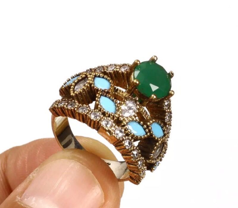 925 Sterling Silver, Turkish Emerald Topaz Turquoise, Ring Size 7.5