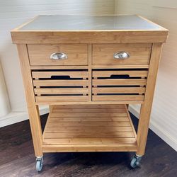 Wood Rolling Cart With Stainless Steel Top 