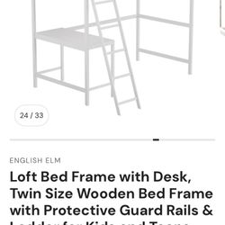 White Wood Twin Loft Bed With Desk