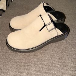 Beige Suede Platform Clogs 