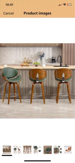 26'' Swivel Bar Stools Set of 3, Upholstered Faux Leather. Green