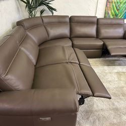 Furniture- Natuzzi 100% Real Leather 5 Pc Sectional With 3 Power Recliners- Julius 
