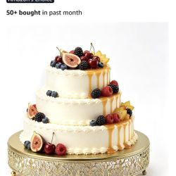 14 Inch Luxury Gold Cake Stand, Round Metal Dessert Display with Ornate Filigree Lace, Dual-Coated Premium Finish for Wedding, Anniversary & Elegant H