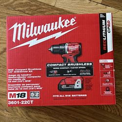 Milwaukee M18 18V Lithium-lon Brushless Cordless 1/2 in. Compact Drill/Driver Kit with Two 2.0 Ah Batteries, Charger and Case