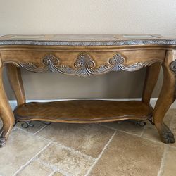 Elegant Wood Console Table w/ Marble Top & Glass Inlay