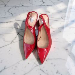 Red Patent Leather Slingback Pointed-Toe Heels