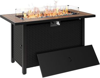 45 inch Propane Fire Pit Table for Outside Patio, Walunt,Gas Fire Pit for Outside Patio, 50000 BTU Outdoor Fire Pit with Lid, Glass Wind Guard and Rai