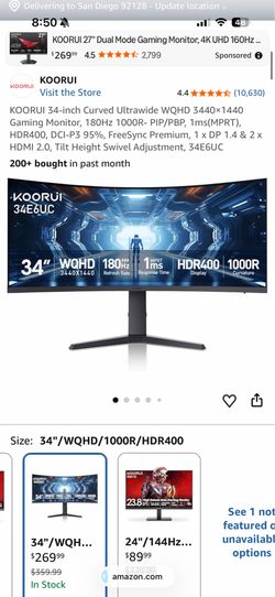 KOORUI 34-inch Curved Ultrawide WQHD 3440×1440 Gaming Monitor, 180Hz 1000R- PIP/PBP
