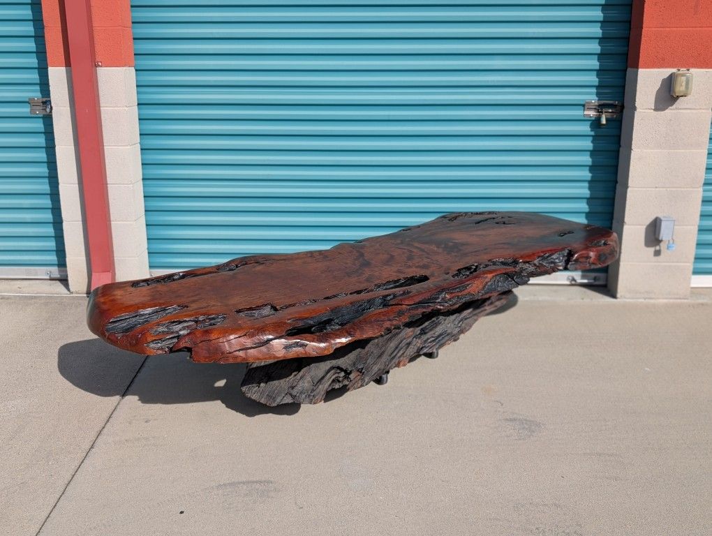 Vintage Monumental Live Edge Redwood Coffee Table — 97” Slab on Sculptural Driftwood Base