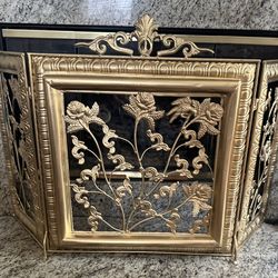 Vintage 3 Panel Tri-Fold Gold Finish Ornate Style Fireplace Screen Decor