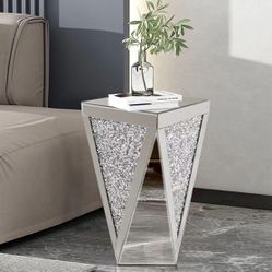 Pregaspor Silver Mirrored End Table, Crystal Inlay Side Table Accent Table, Small Mirrored Coffee Table for Living Room, Bedroom, Corner, 22" H