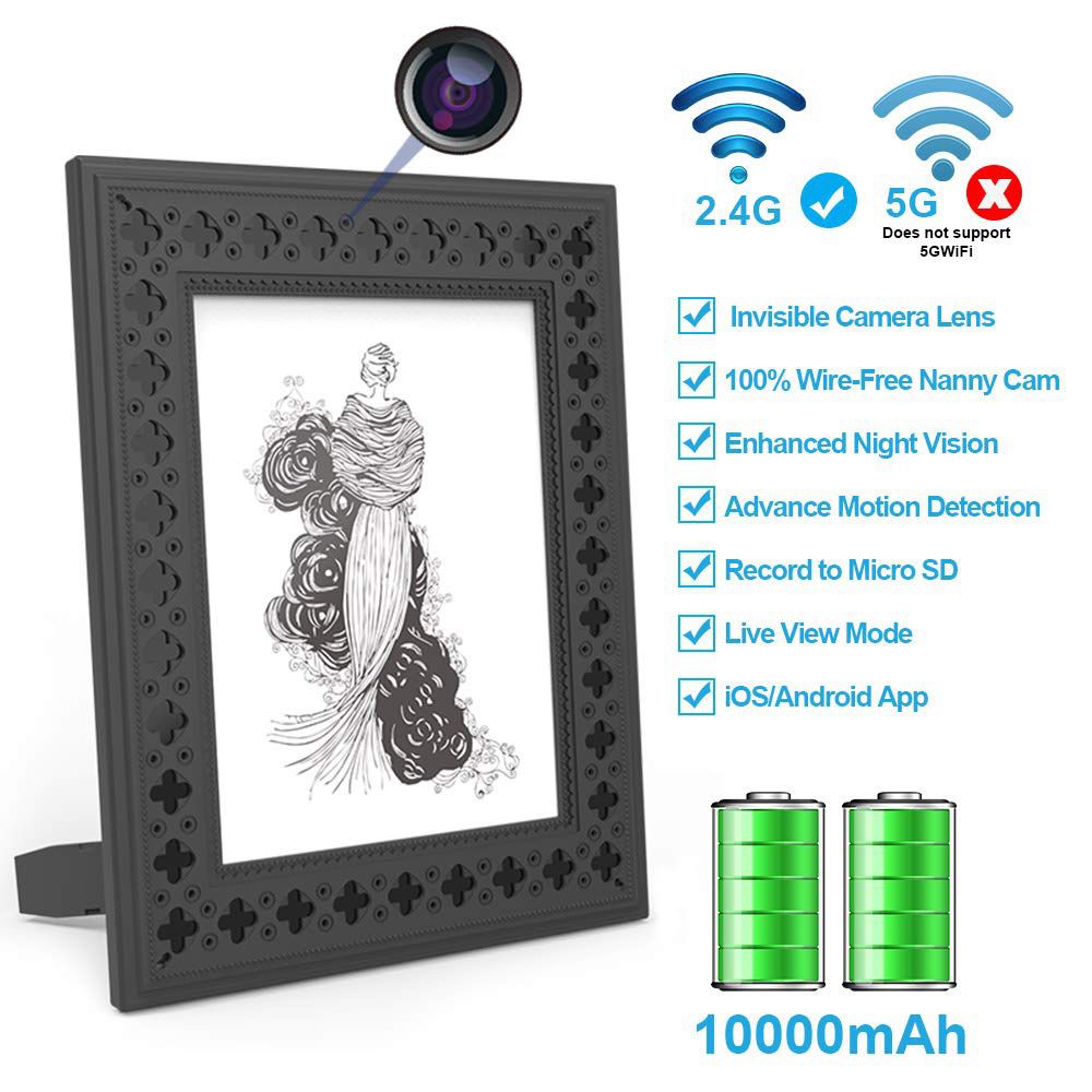 New Hidden Camera WiFi Photo Frame 1080P Home Security Spy Camera Night Vision and Motion Detection Wireless IP Nanny Cam with One Year Battery Stand
