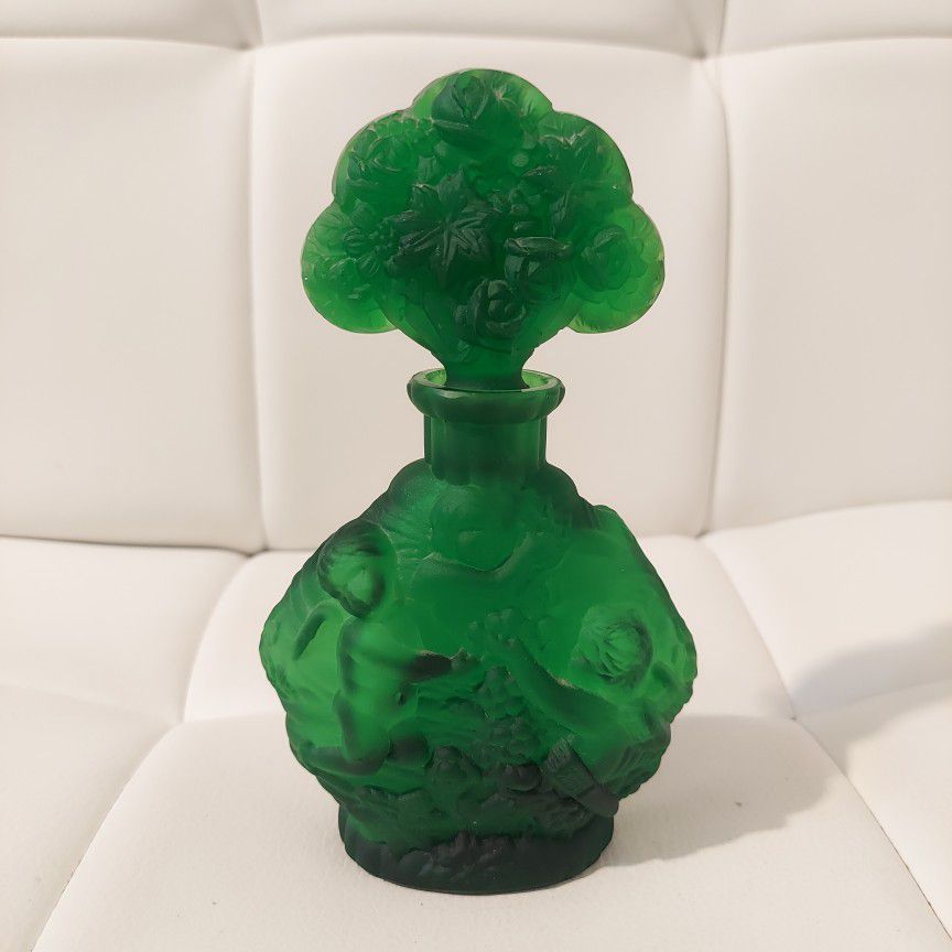 Antique Czech Green Glass Cherubs & Floral Design 6" Perfume Bottle