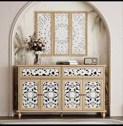 Oak Accent Storage Cabinet with 4 Shelves, Carved Floral Doors, Matching Wall Decor Panel Set 🌱