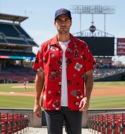 Anaheim Angels SGA Hawaiian Floral Short Sleeve Button Front Shirt Men’s Sz Large OSFA