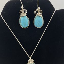 Turquoise (Howlite) In Sterling Silver Dangle Earrings With Pendant Necklace Set Handmade