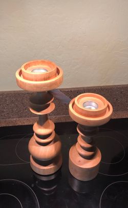 Teal wood candle holders - set