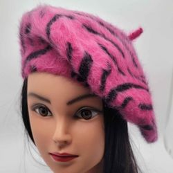 French Beret Fuchsia With Black Stripes