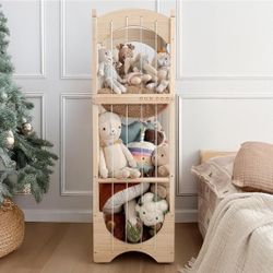 Stuffed Animal Storage Organizer - Wooden Plushies Storage Holder with 360° Wheels