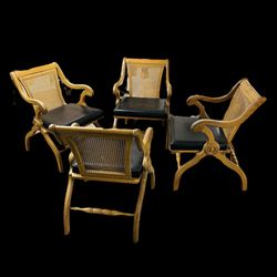 Vintage Mid Century Modern Curule Set 4 Dining Accent Chairs Black Vinyl Cane. 