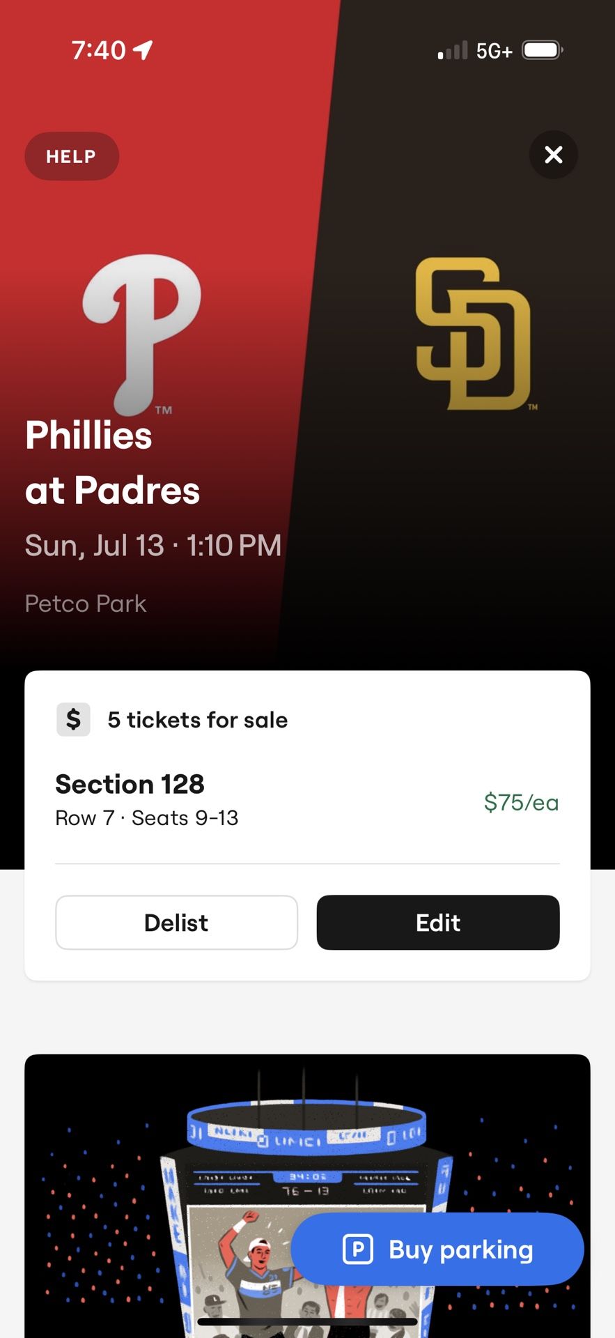 Padres Ticket 5 Seat LF Home run Area