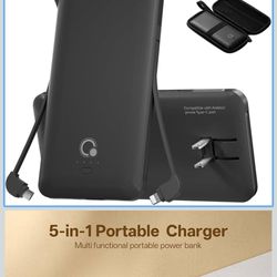Portable Charger with Built-in Cables and AC Wall Plug,Slim USB C Travel Essential Power Bank 10000mAh,External Battery Pack Compatible with iPhone,Sa