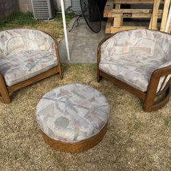 Mid Century Modern Chairs And Ottoman Oak Hardwood Mcm Pattern Fabric Cushions Danish