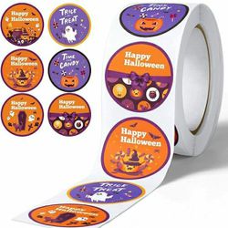 500PCS 1.5" Large Self-Adhesive Halloween Round Sticker Label Roll, 6 Assorted Character Designs Kids Trick or Treat Novelty Supplies Goodie Bag Gift  Thumbnail