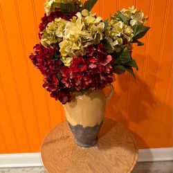 40” LARGE YELLOW DISTRESSED 2 HANDLE CERAMIC JUG ARTIFICIAL FLOWERS HOME DECOR