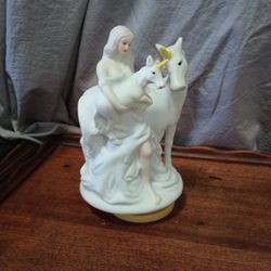 Vintage Unicorn & Baby Maiden Girl Music Box Bisque Porcelain Impossible Dream