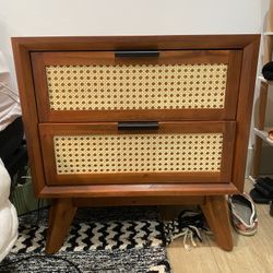 Deluxe Solid Wood Rattan Nightstand Fully Assembled-Mid Century Modern Side Table with 2 Drawers