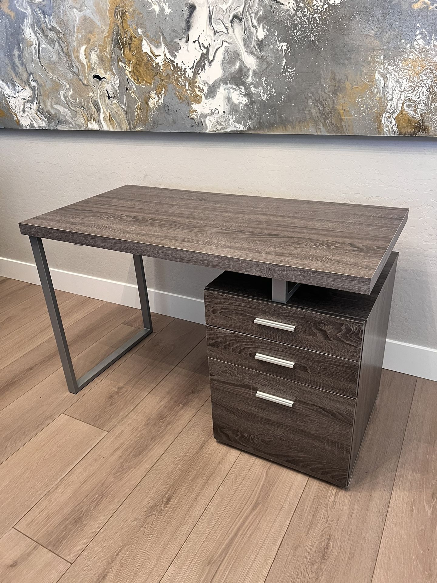 47” Weathered Grey Wood Grain And Metal Reversible 3 Drawer Modern Desk